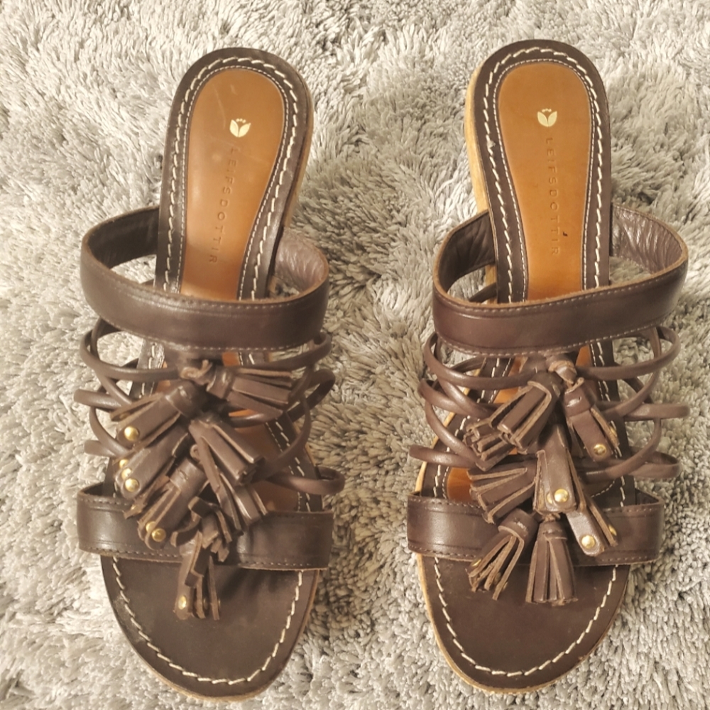 leifsdottir Brown Leather Tassel Wedge Sandals